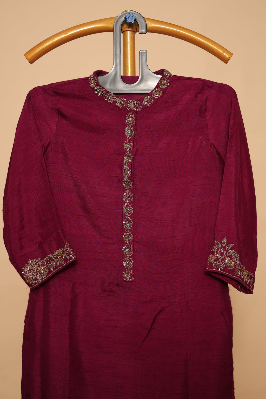 Wine Silk Suit Set with Gold Embroidered Dupatta
