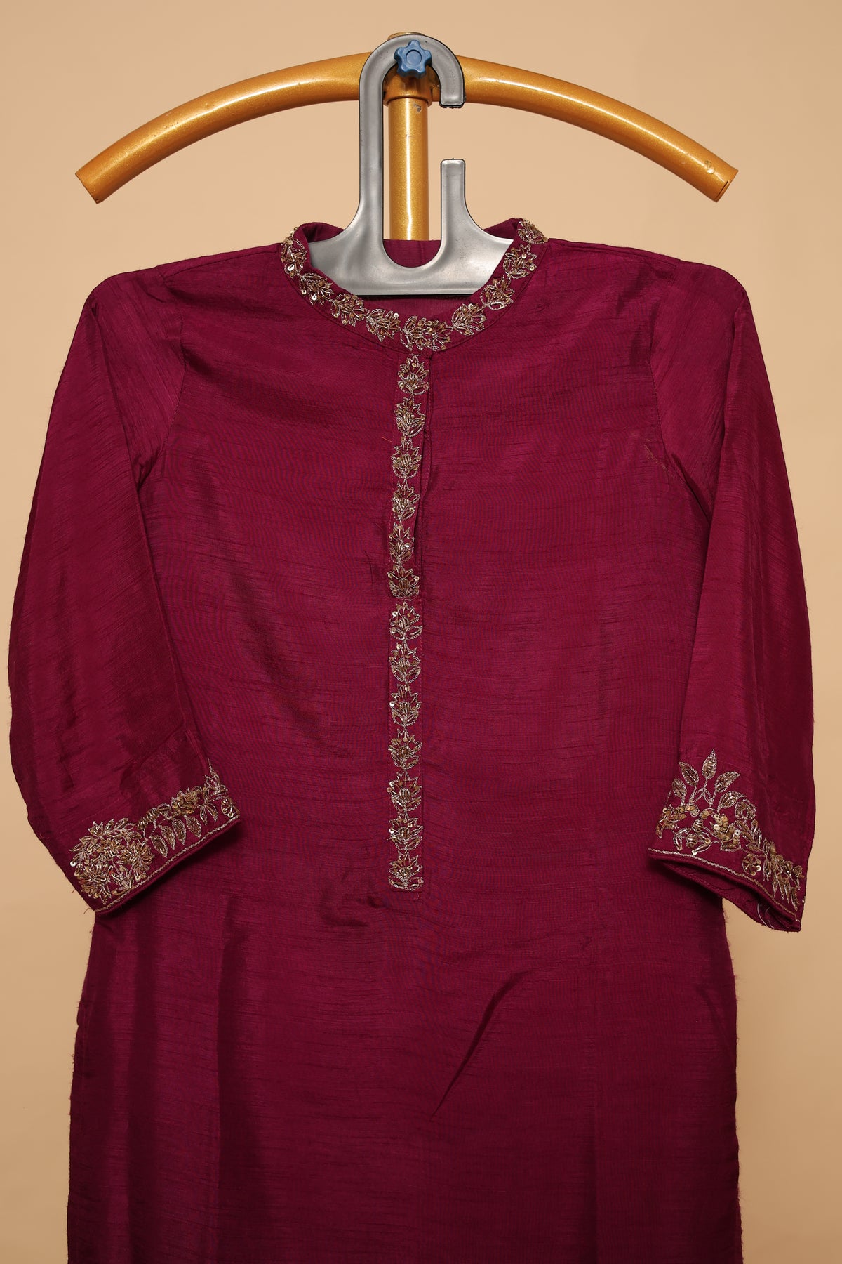 Wine Silk Suit Set with Gold Embroidered Dupatta