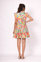 Vibrant Retro Floral Tiered Mini Dress with Ruffle Accents