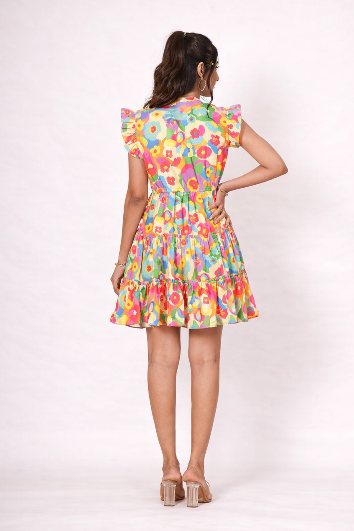 Vibrant Retro Floral Tiered Mini Dress with Ruffle Accents