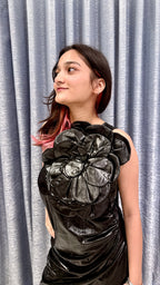 Metallic Black Bodycon Dress with 3D Oversized Floral Rosette Detail
