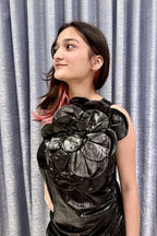 Metallic Black Bodycon Dress with 3D Oversized Floral Rosette Detail