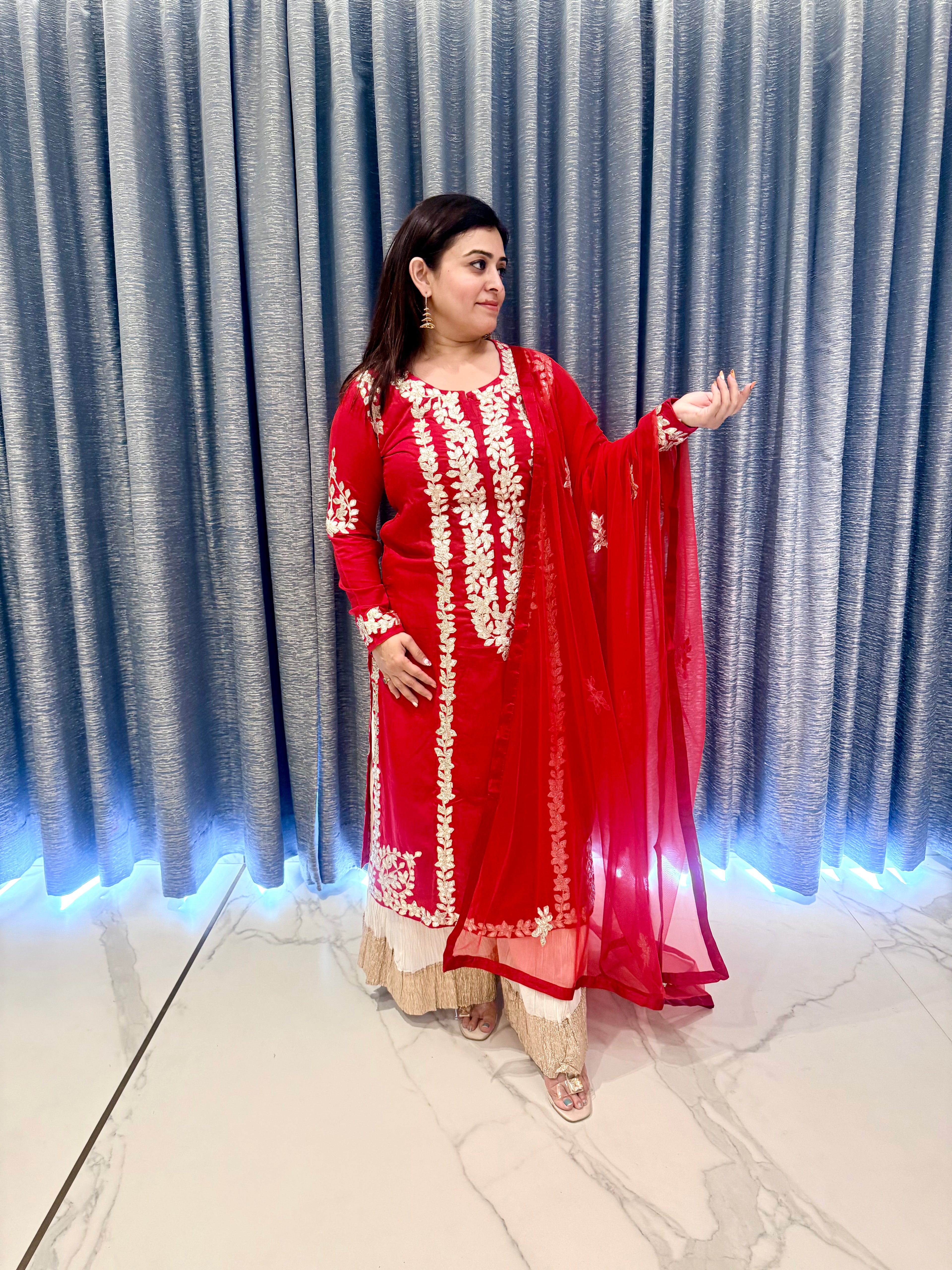 Sophisticated Crimson Straight-Cut Kurta & Tiered Sharara