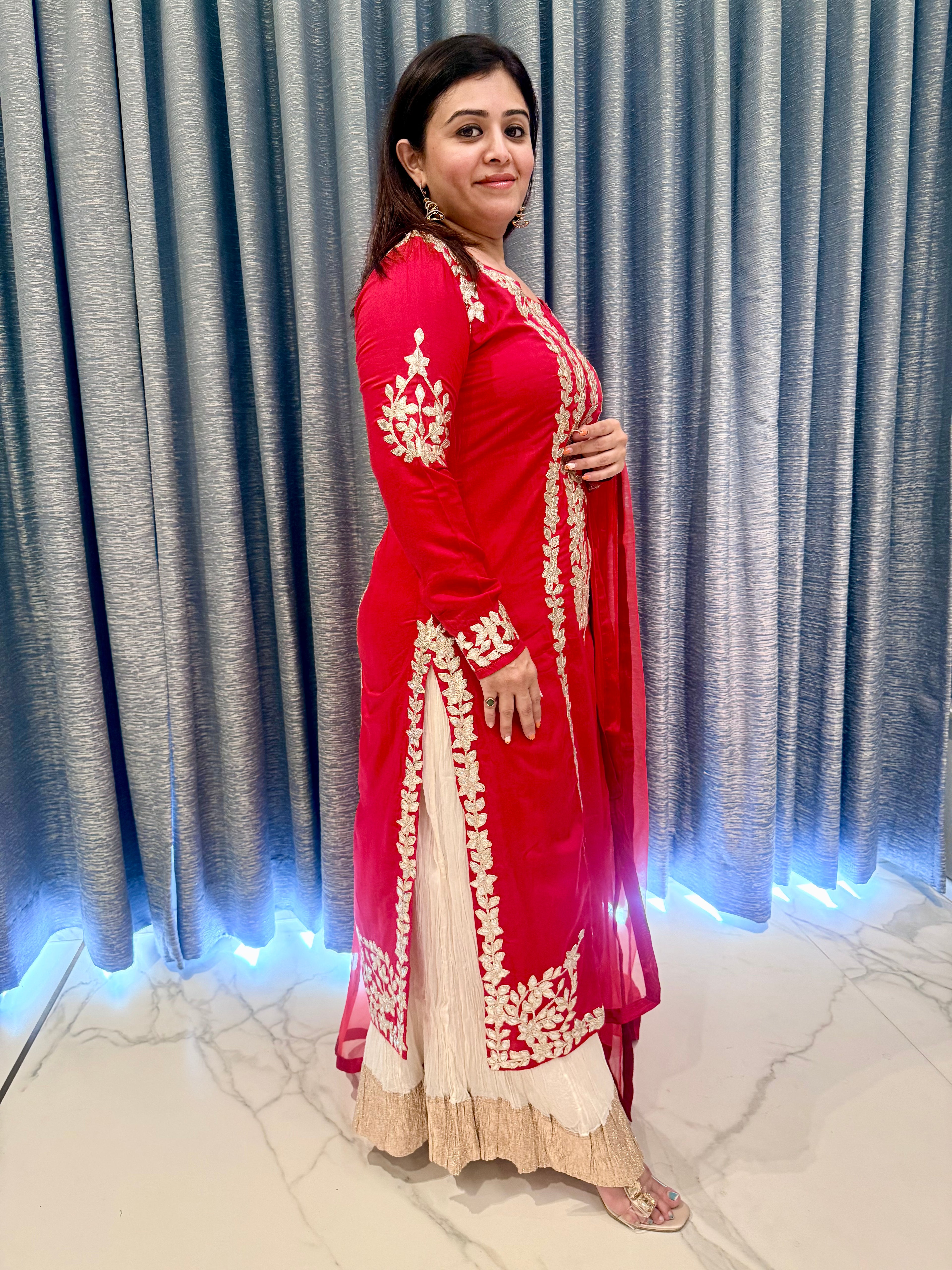 Sophisticated Crimson Straight-Cut Kurta & Tiered Sharara