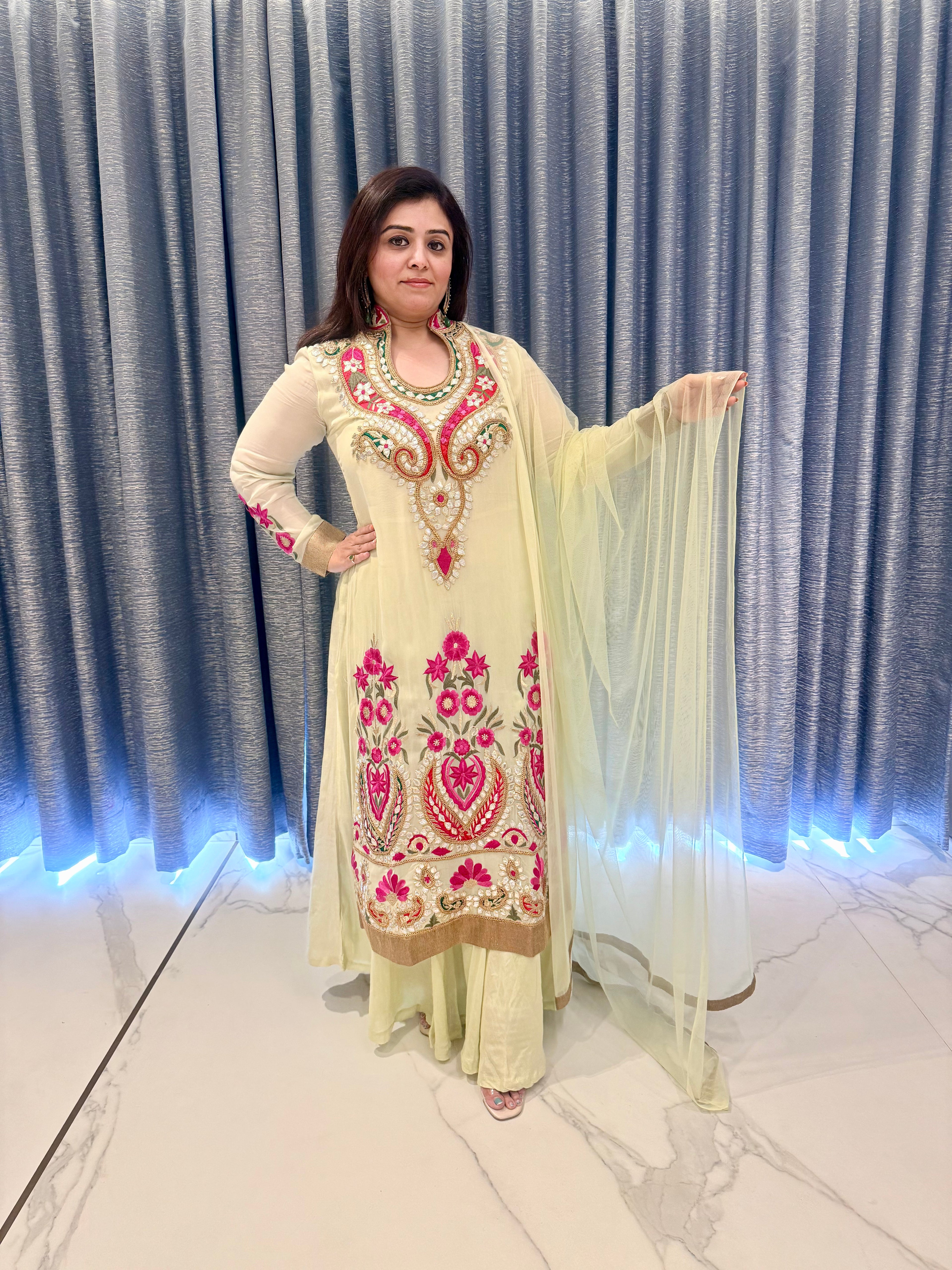 Designer Pastel Green & Pink Festive Gown