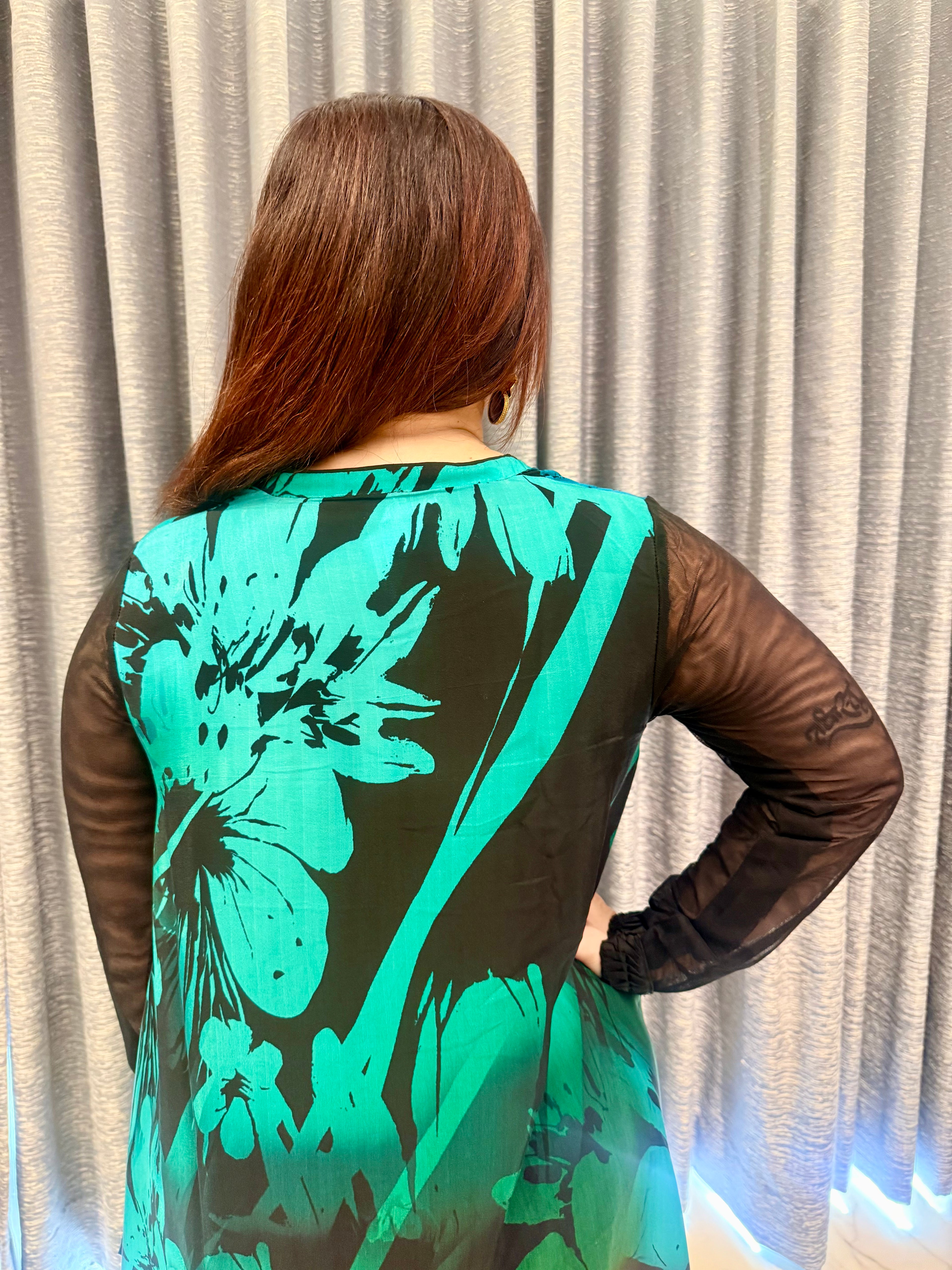 Asymmetrical Hem Printed Dress in Deep Teal & Sunset Hues