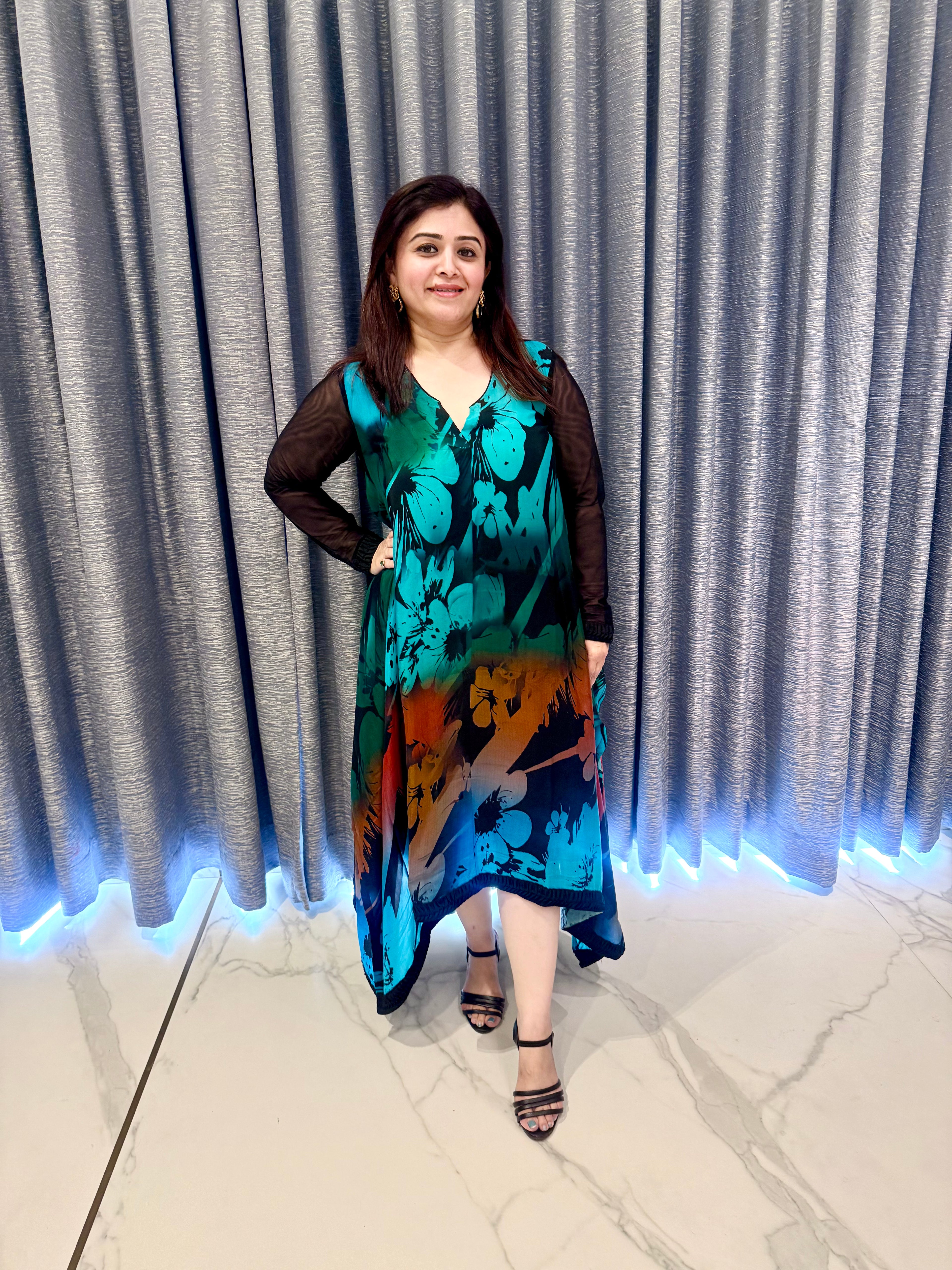 Asymmetrical Hem Printed Dress in Deep Teal & Sunset Hues