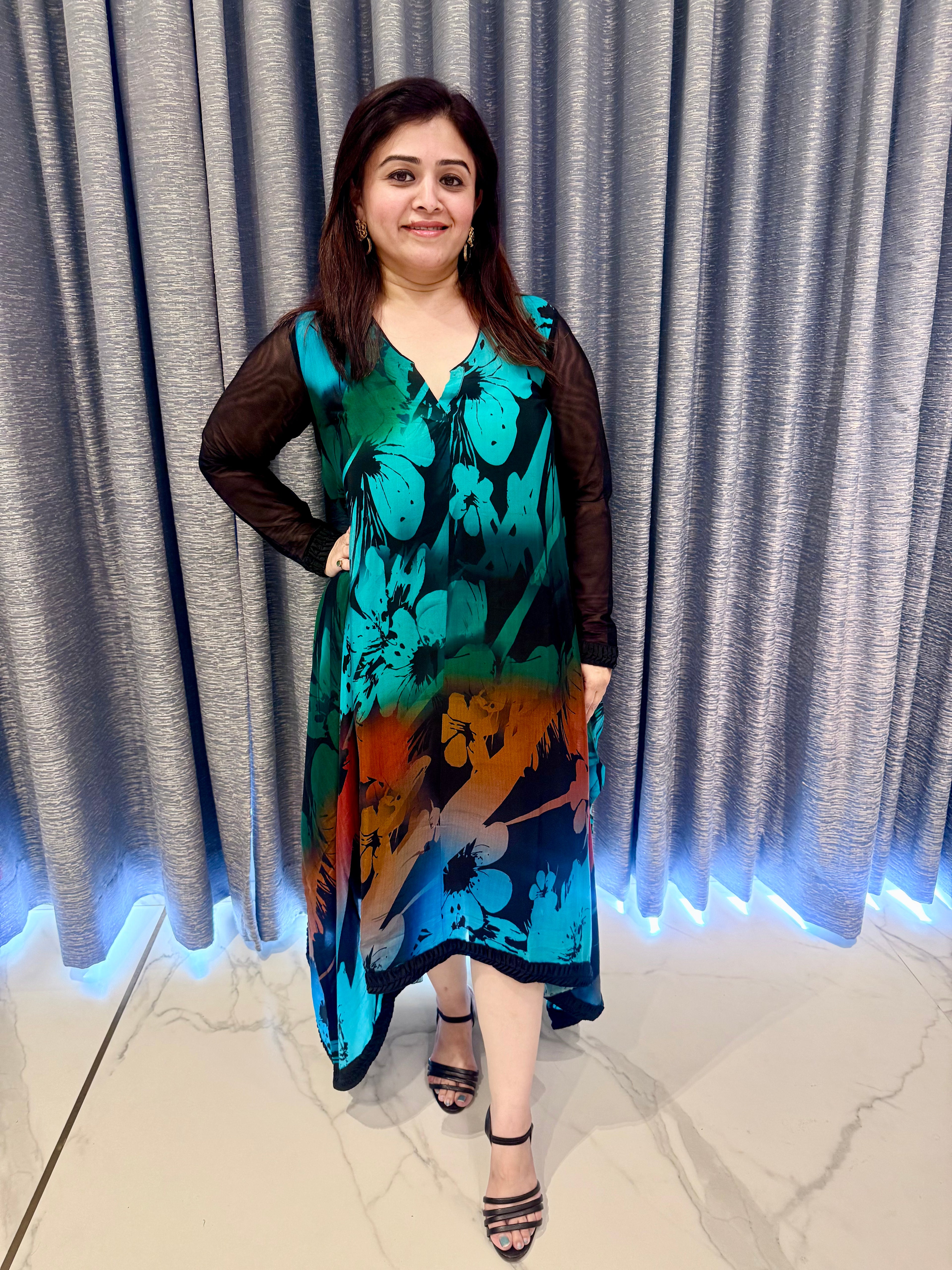 Asymmetrical Hem Printed Dress in Deep Teal & Sunset Hues