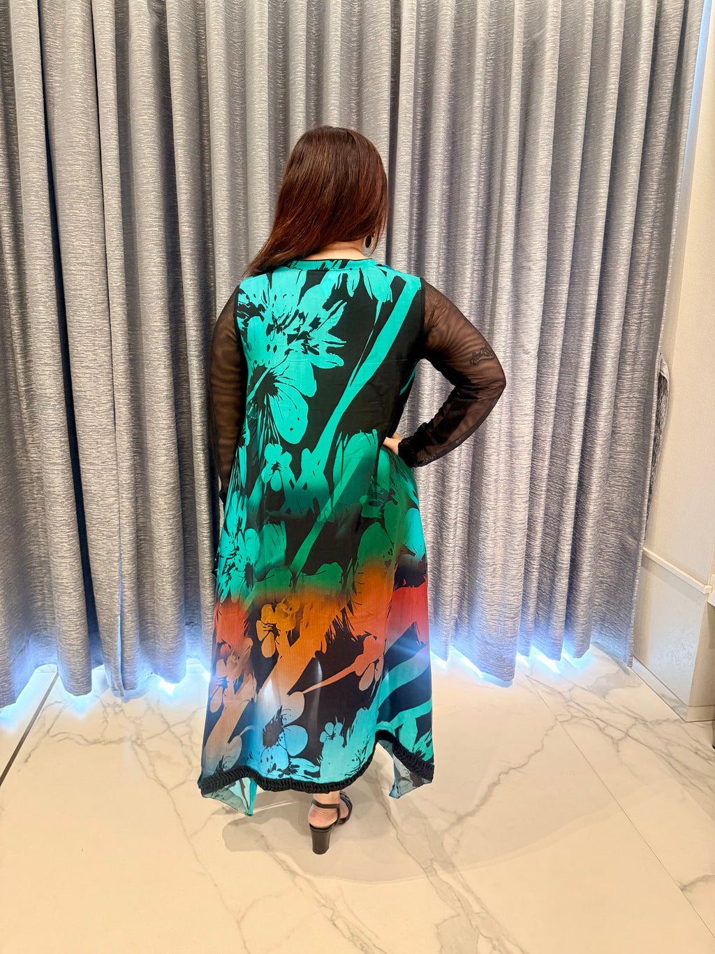 Asymmetrical Hem Printed Dress in Deep Teal & Sunset Hues