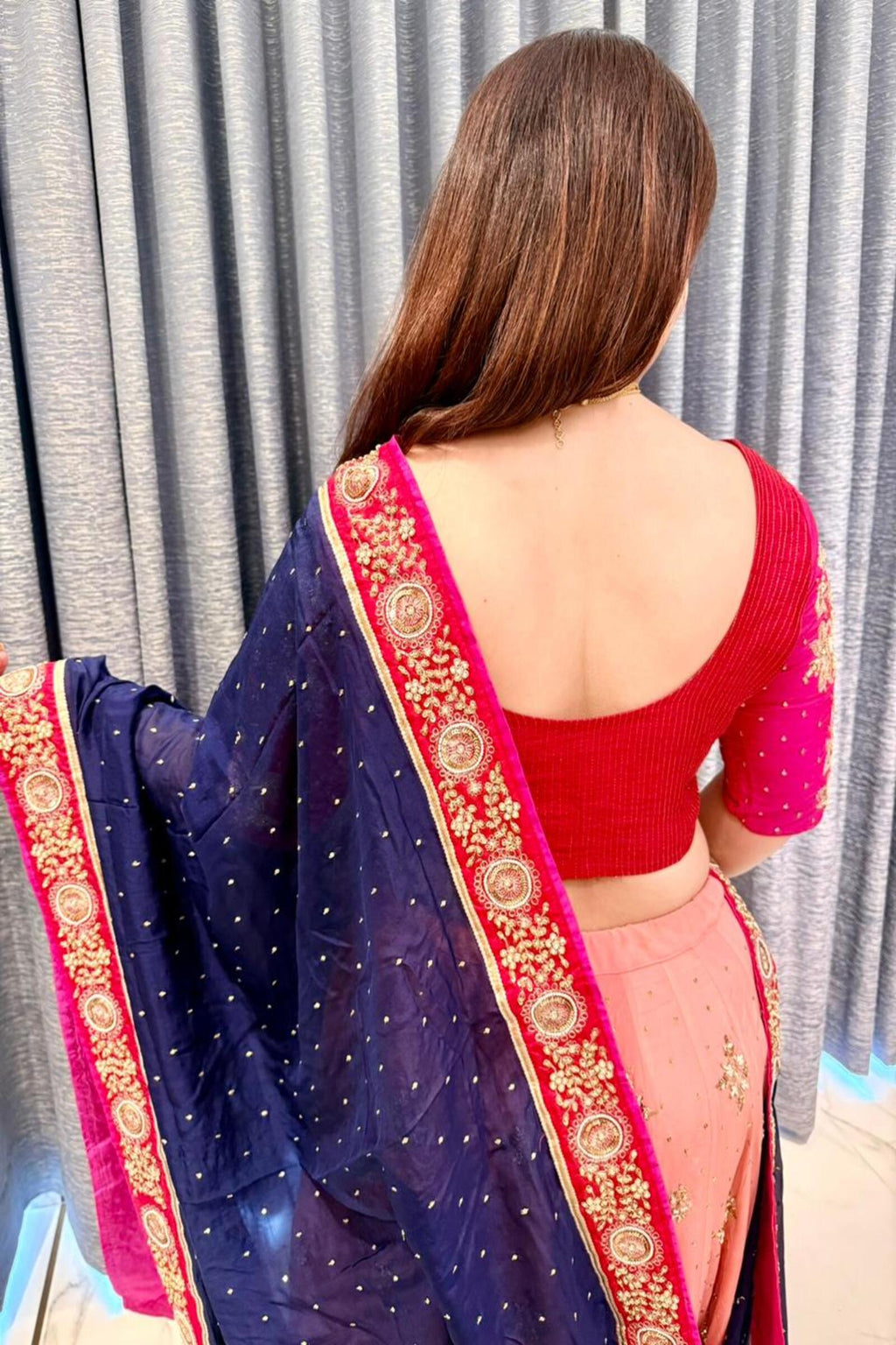 Royal Navy & Fuchsia Hand-Embroidered Chaniya Choli