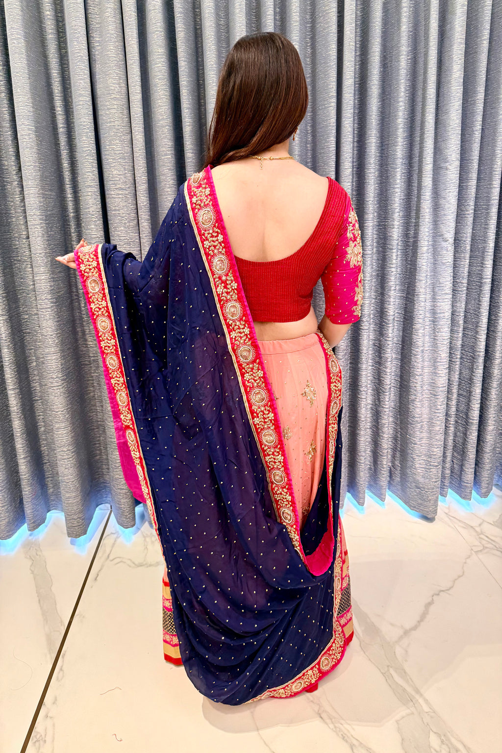 Royal Navy & Fuchsia Hand-Embroidered Chaniya Choli
