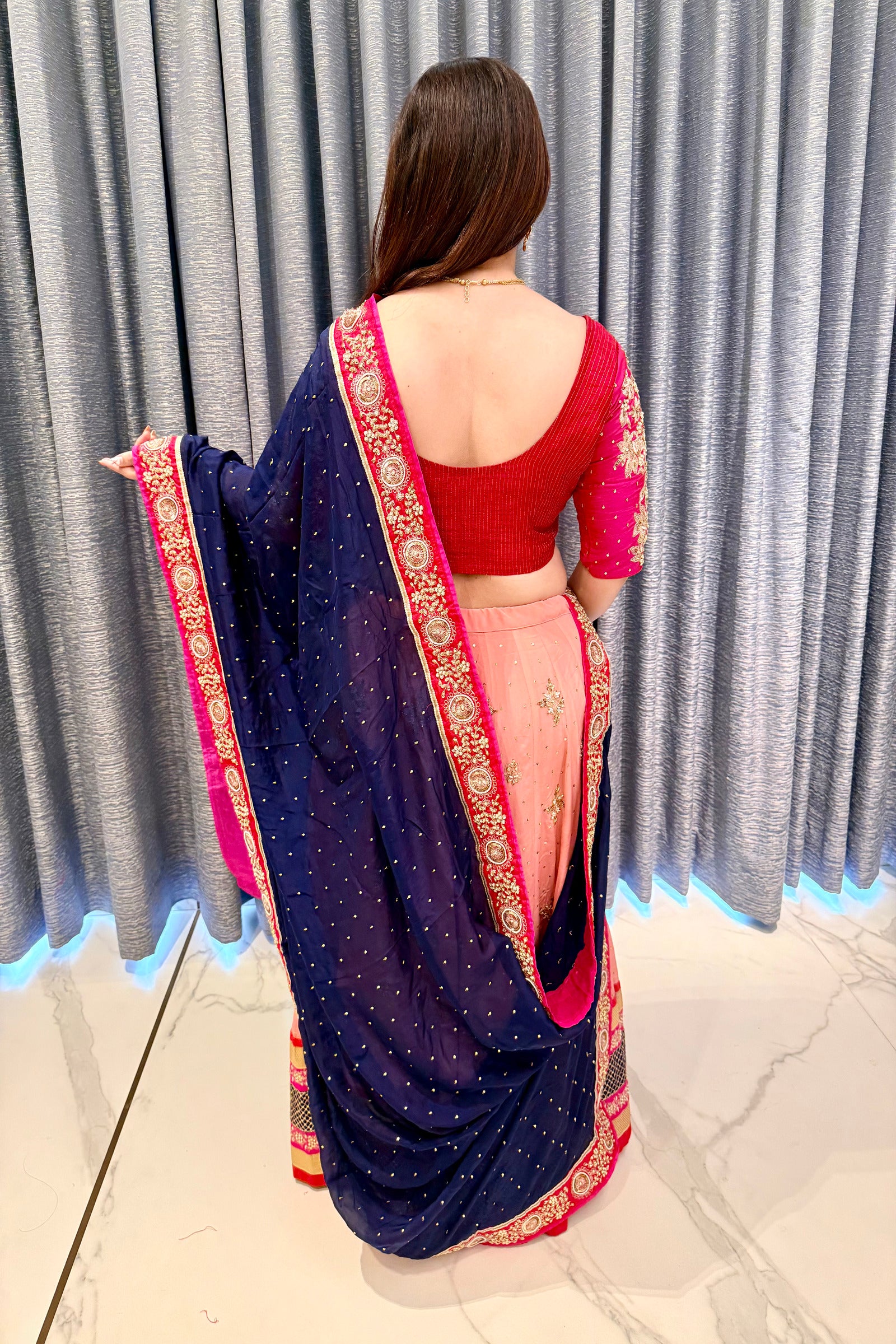 Royal Navy & Fuchsia Hand-Embroidered Chaniya Choli