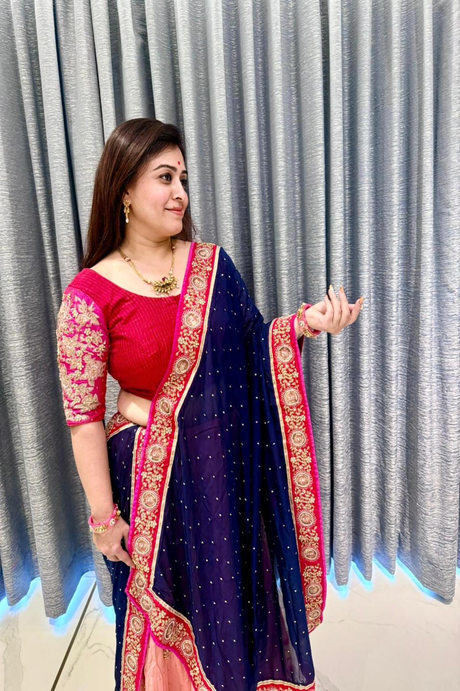 Royal Navy & Fuchsia Hand-Embroidered Chaniya Choli