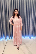 Pastel Pink Floor-Length Gown with Intricate White Chikankari-Style Embroidery