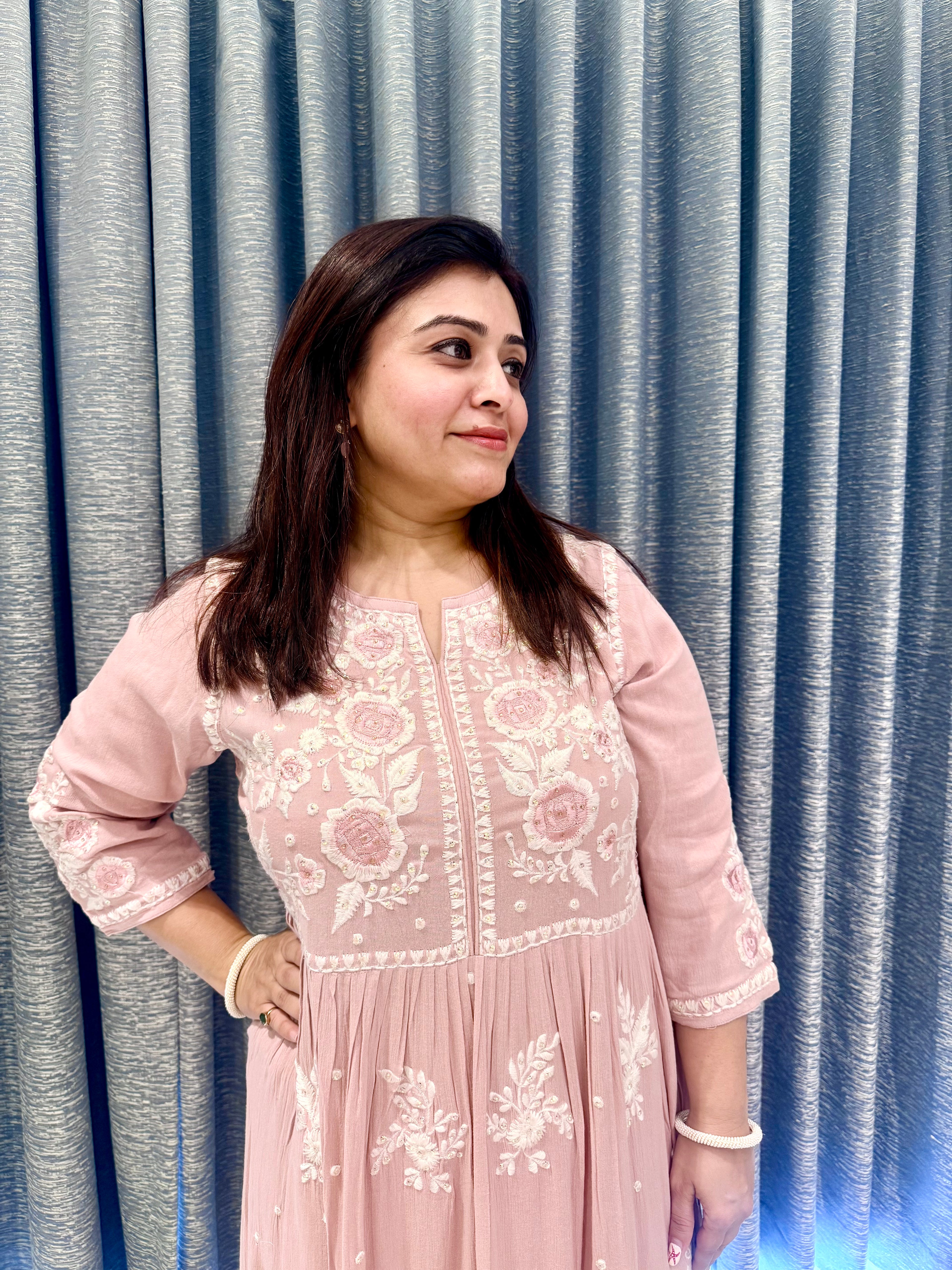 Pastel Pink Floor-Length Gown with Intricate White Chikankari-Style Embroidery