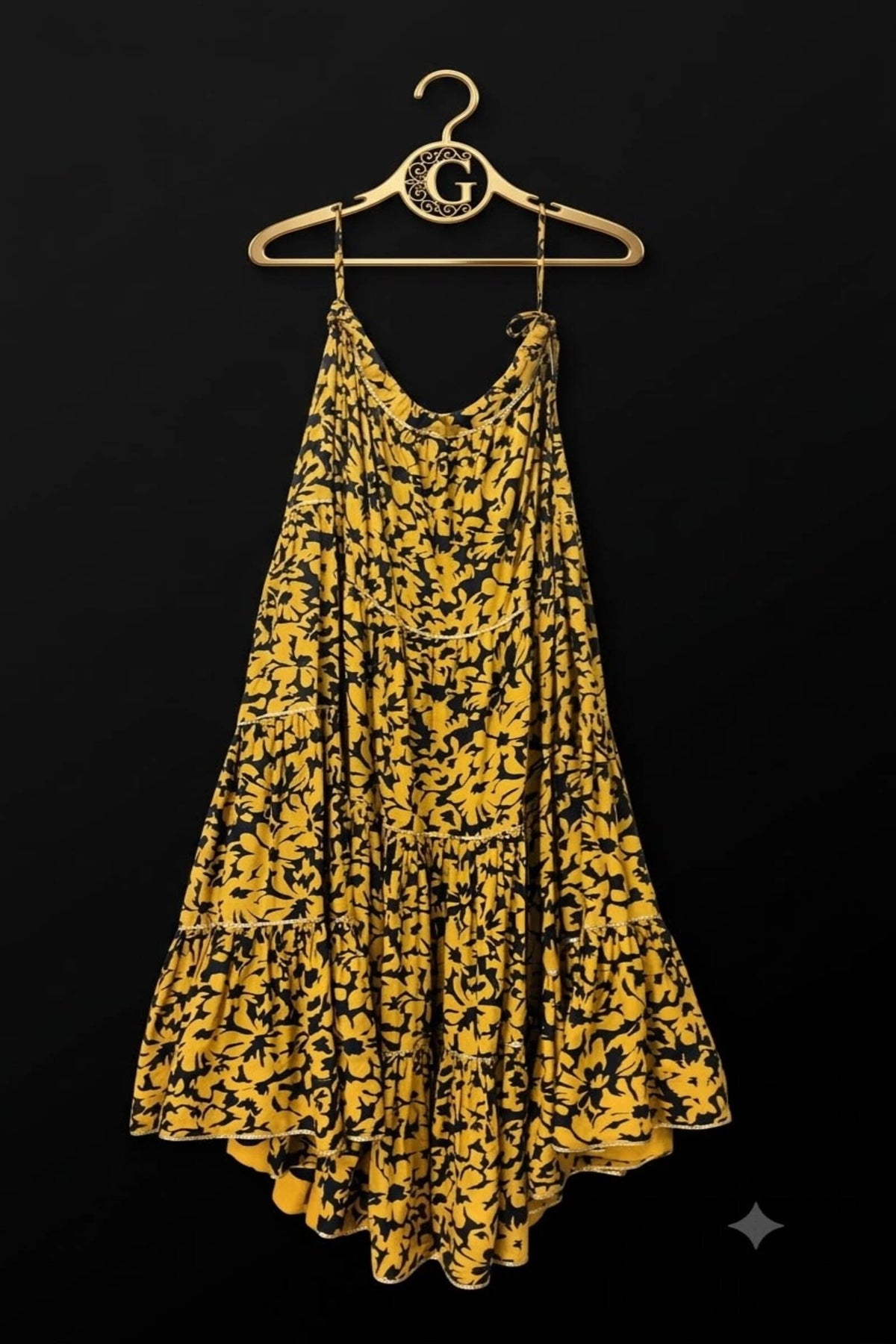Mustard Yellow And Black Floral Print Tiered Chaniya