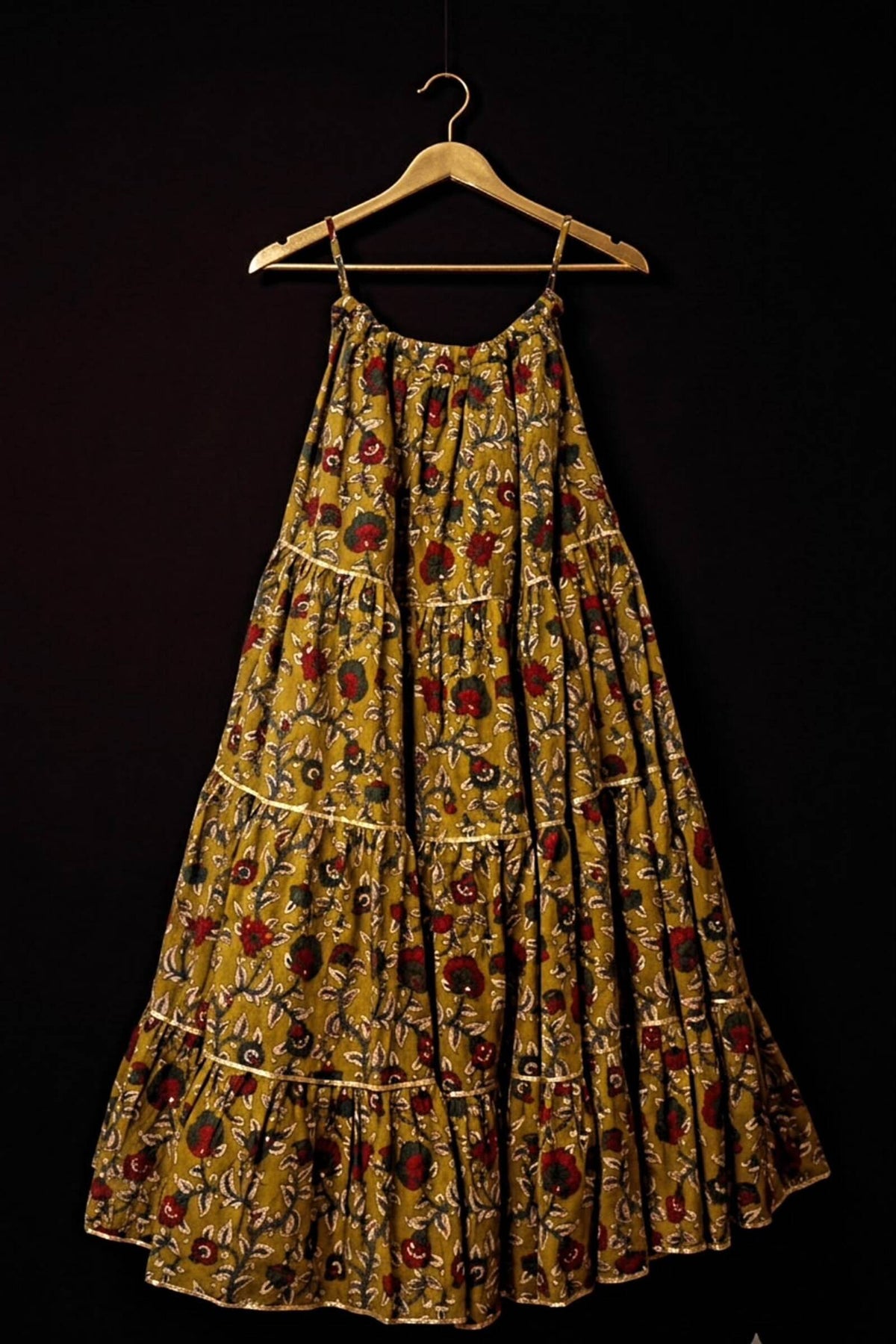Mustard Floral Printed Tiered Chaniya