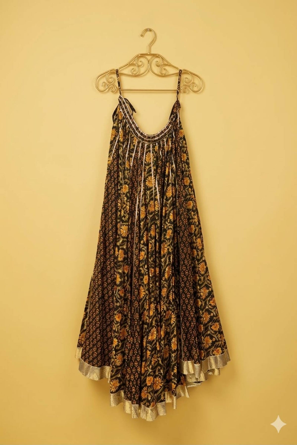 Black & Mustard Floral Printed Gold-Border Chaniya