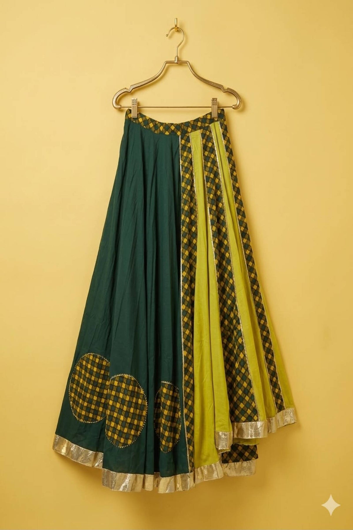 Emerald Green & Mustard Patchwork Flared Lehenga Skirt
