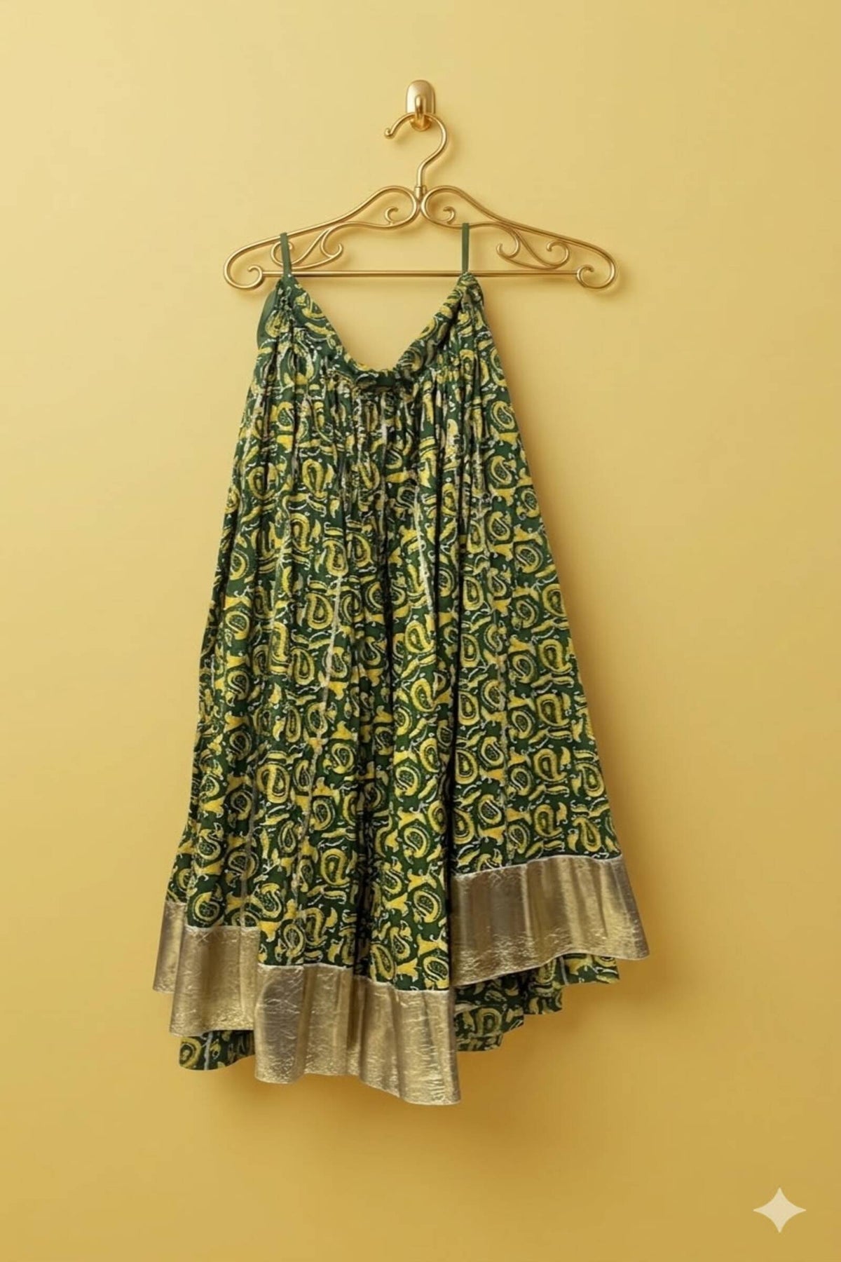 Olive Green Paisley Print Flared Lehenga with Zari Border