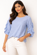 Sky Blue Striped Round-Neck Ruched Top