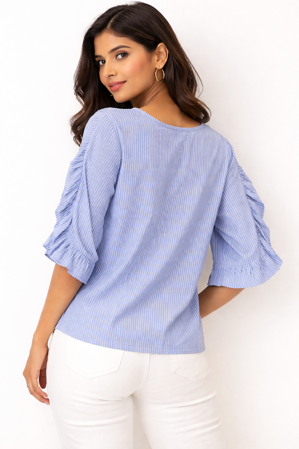 Sky Blue Striped Round-Neck Ruched Top
