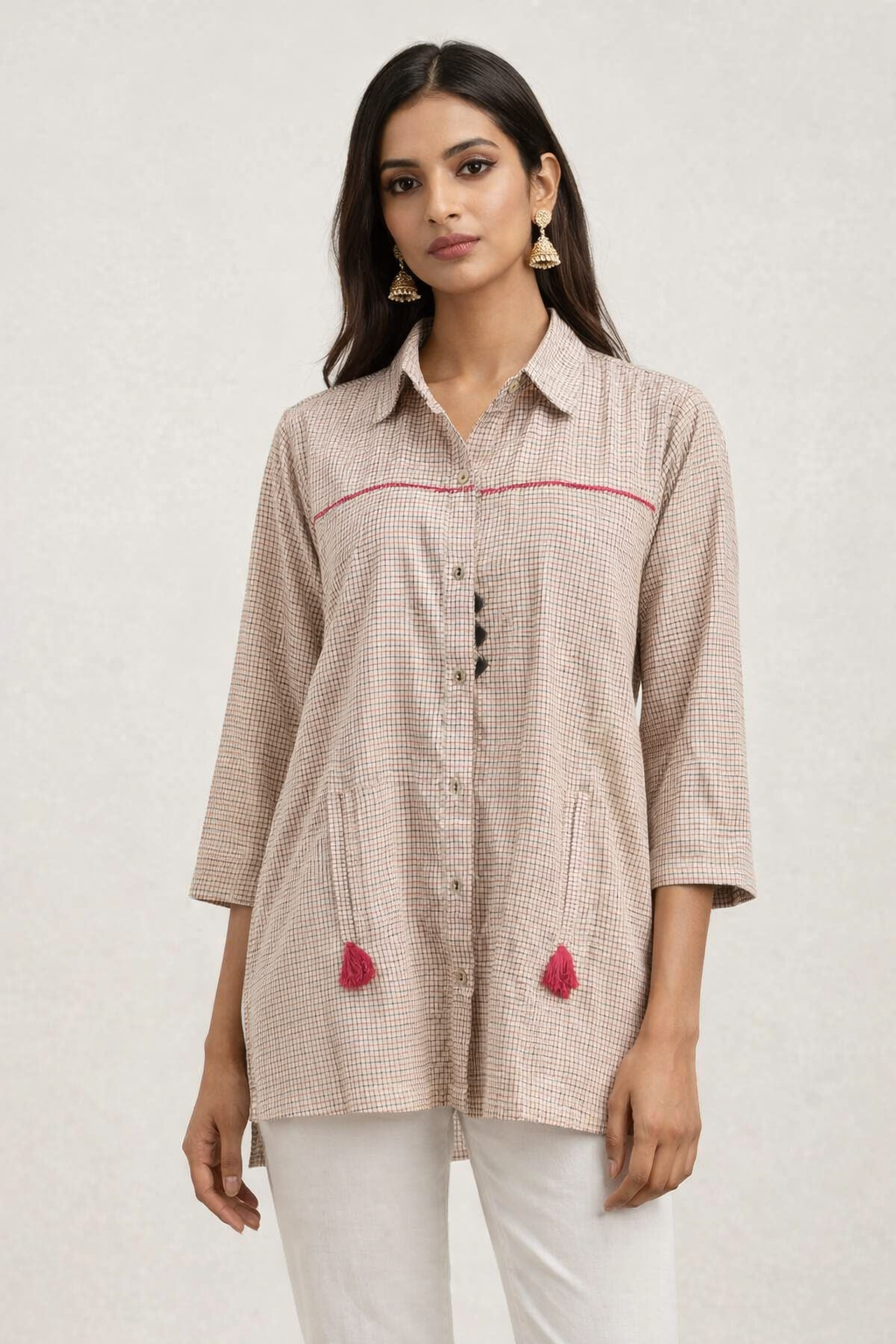 Beige Grid-Print Tassel Shirt Tunic