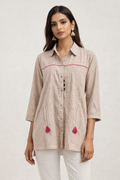Beige Grid-Print Tassel Shirt Tunic