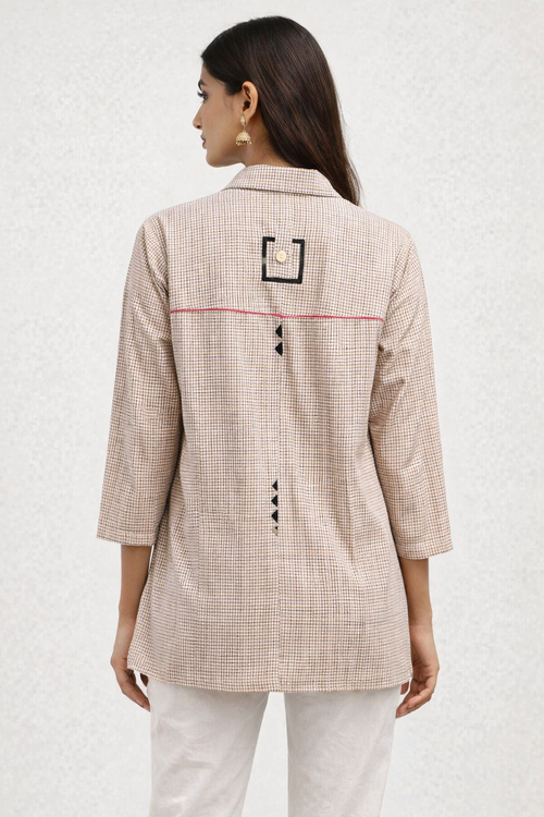 Beige Grid-Print Tassel Shirt Tunic