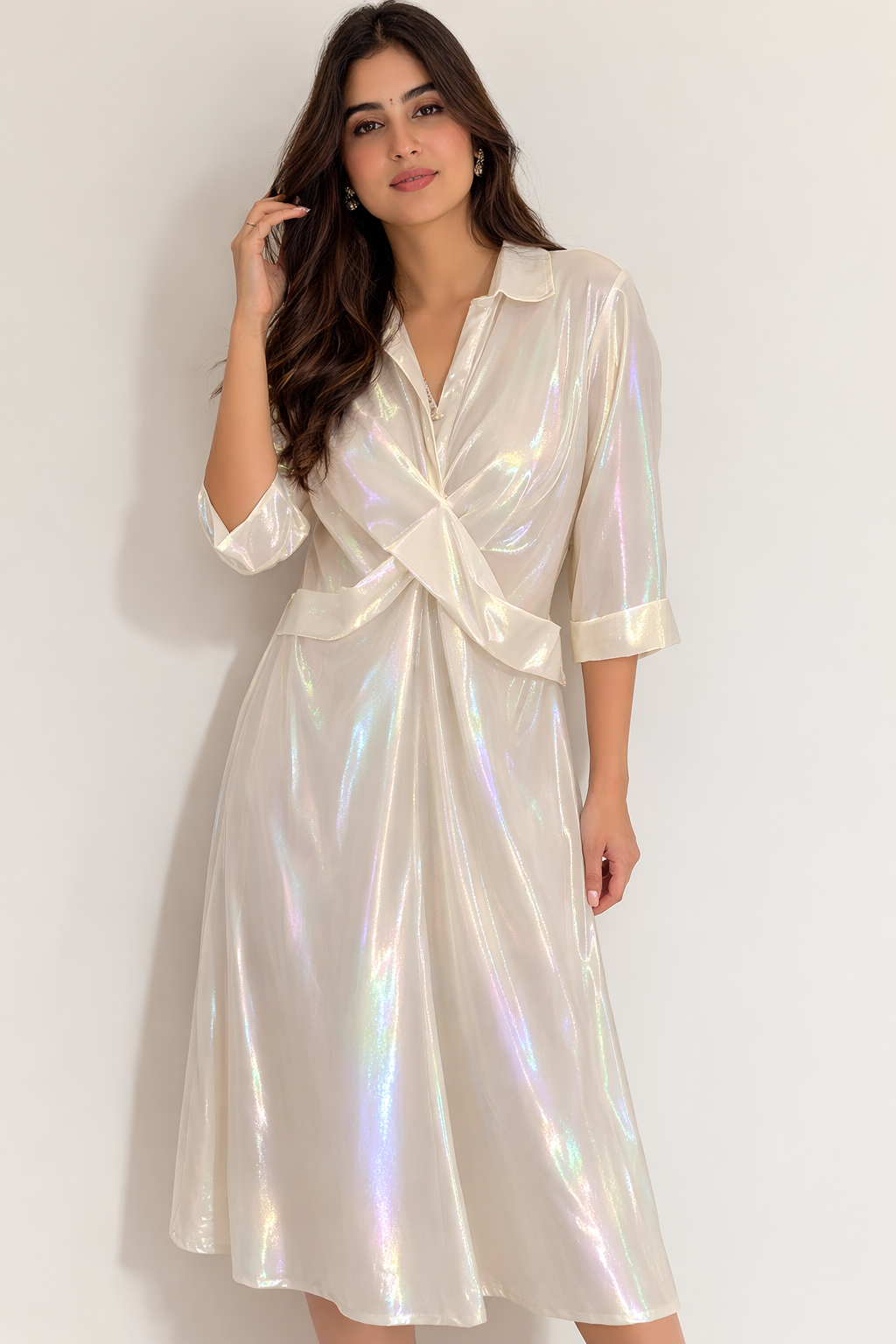 Opal Holographic Collared Shirt Dress