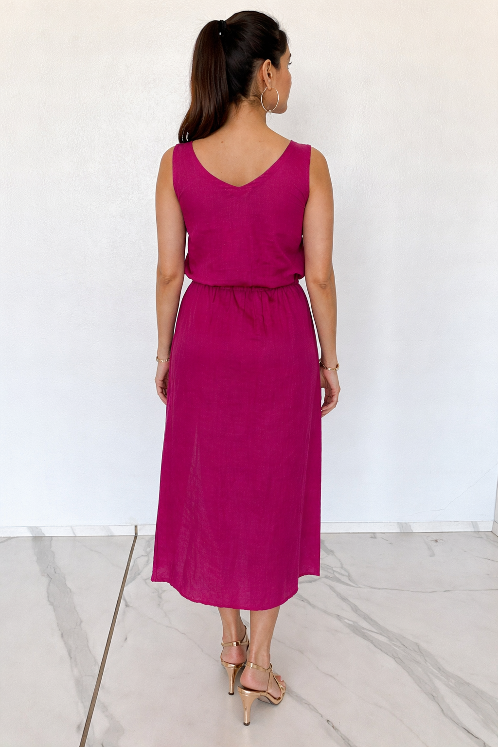 Magenta Sleeveless Midi Dress with Stud Details