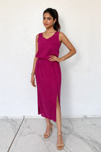 Magenta Sleeveless Midi Dress with Stud Details