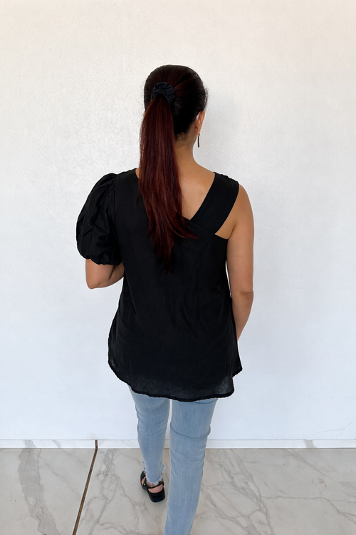 Black One-Shoulder Pleated Top