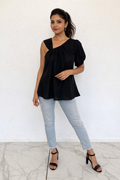 Black One-Shoulder Pleated Top