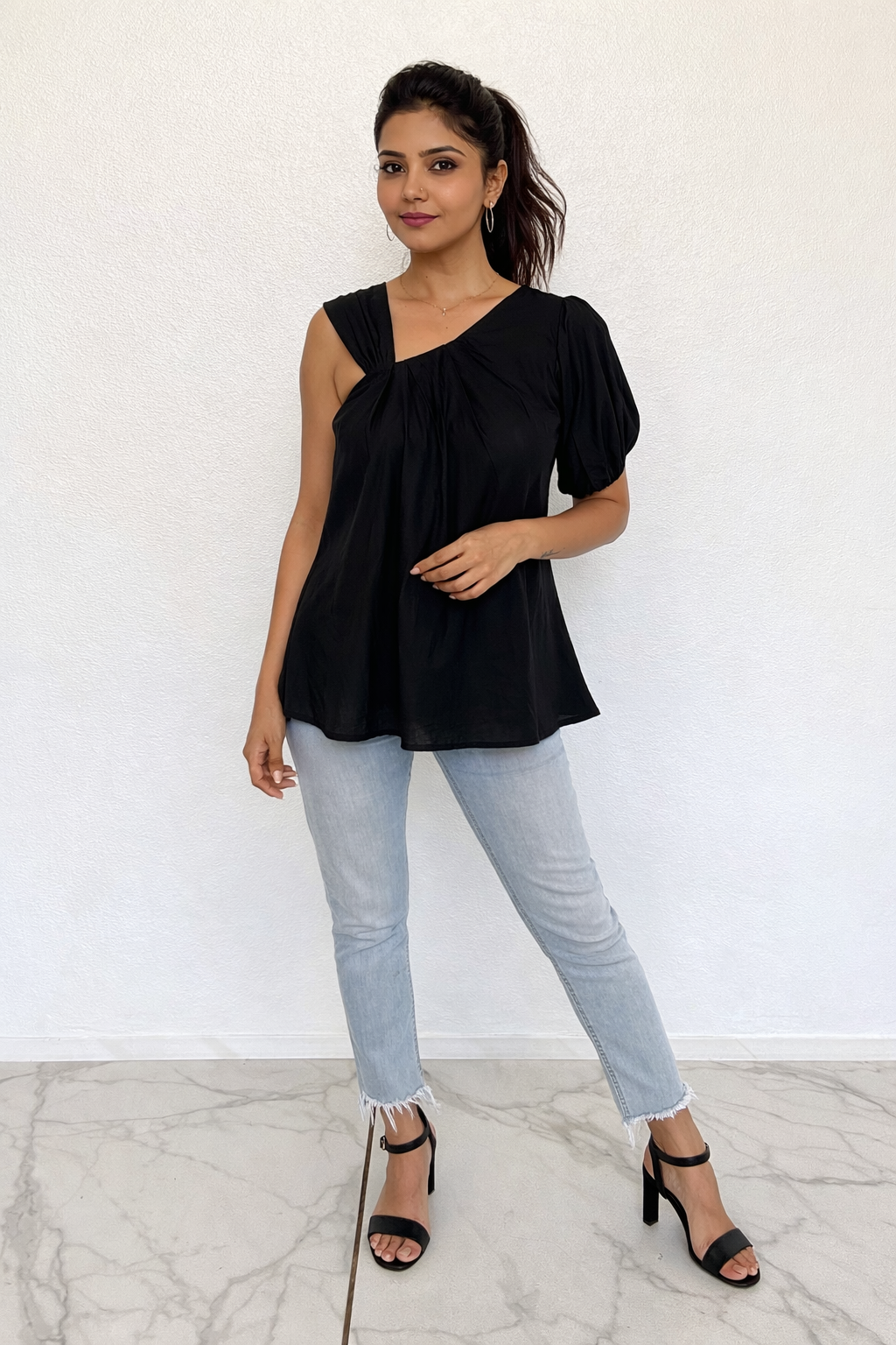 Black One-Shoulder Pleated Top