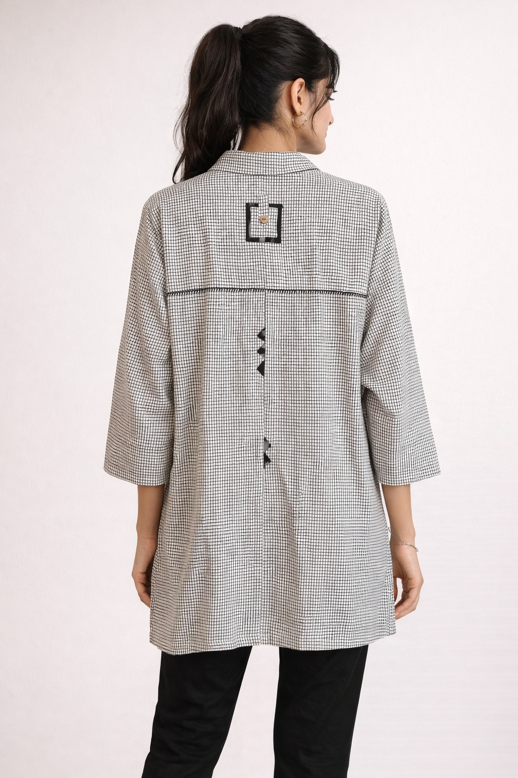 Monochrome Micro-Check Tunic with Tassel Detail