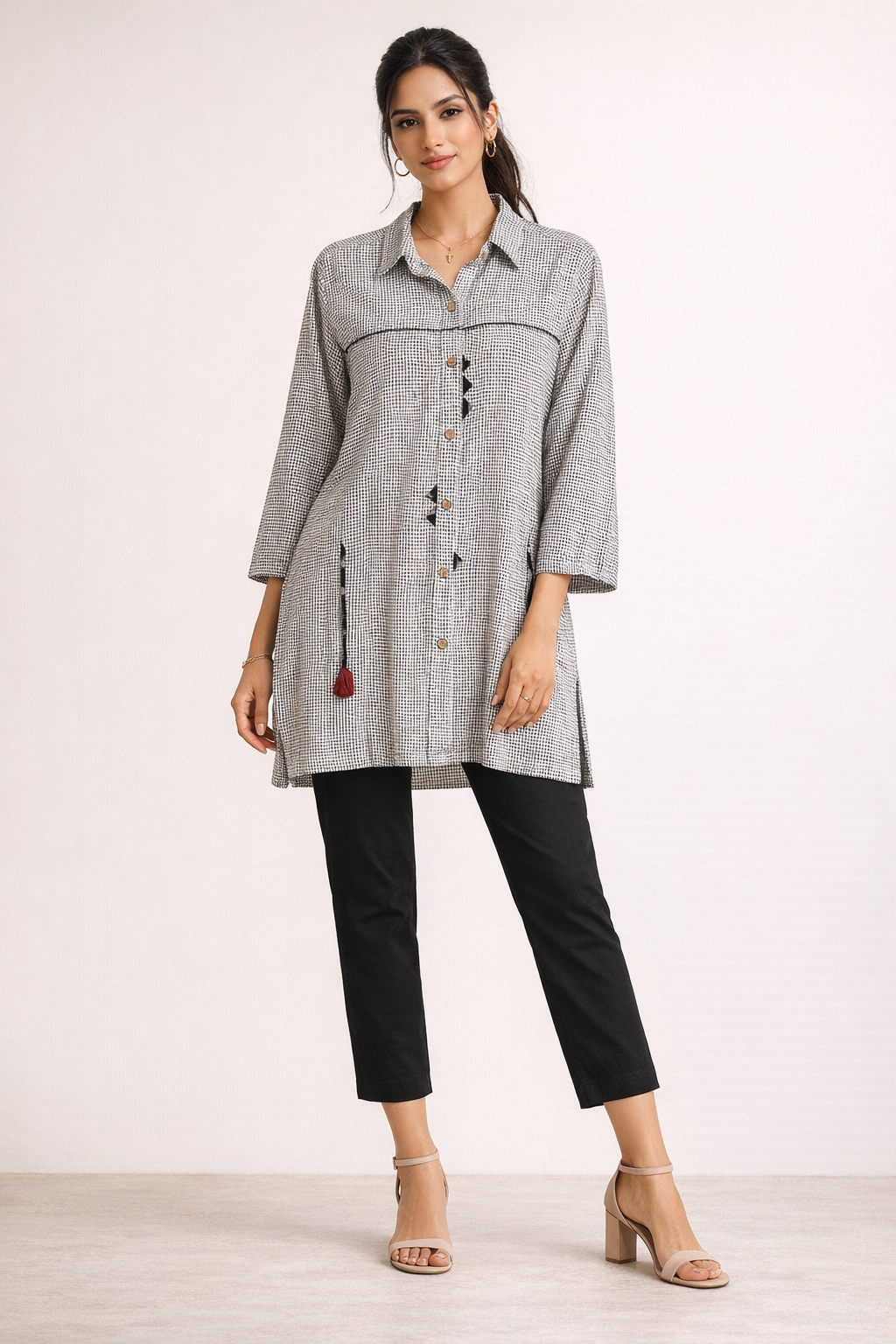 Monochrome Micro-Check Tunic with Tassel Detail