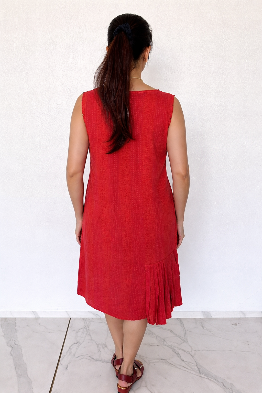 Rust Red Sleeveless Shift Dress with Front Pleat