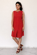 Rust Red Sleeveless Shift Dress with Front Pleat