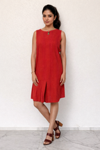 Rust Red Sleeveless Shift Dress with Front Pleat