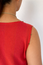 Rust Red Sleeveless Shift Dress with Front Pleat