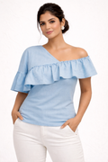 Sky Blue One-Shoulder Ruffle Top