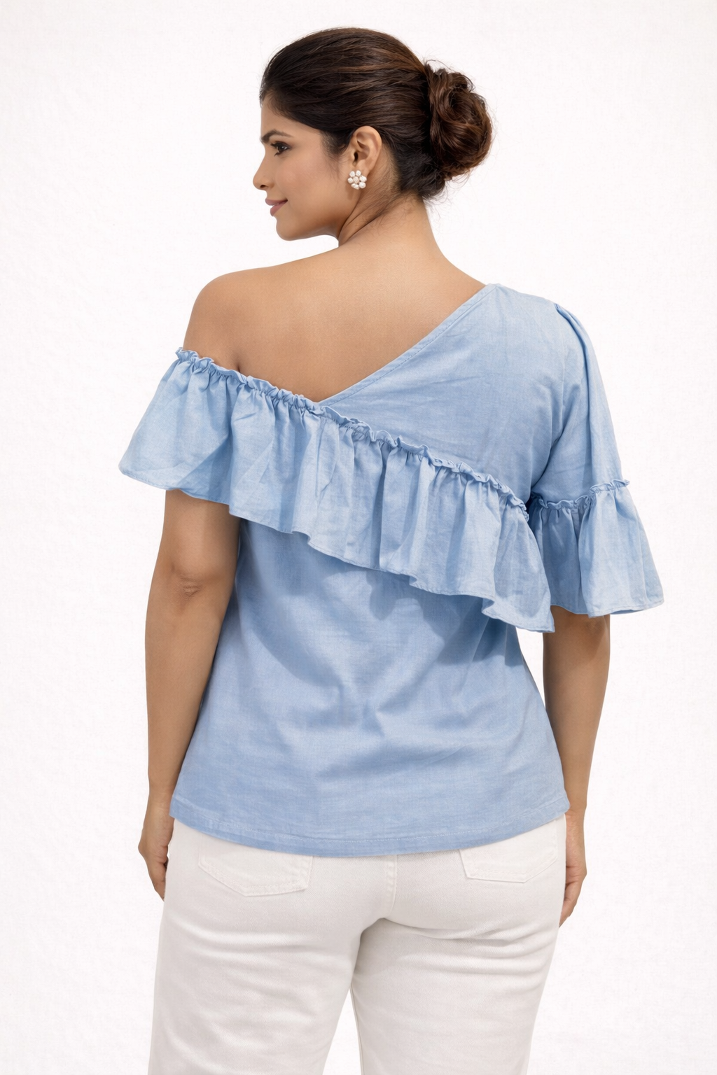 Sky Blue One-Shoulder Ruffle Top