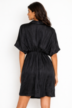 Midnight Satin Draped Shirt Dress