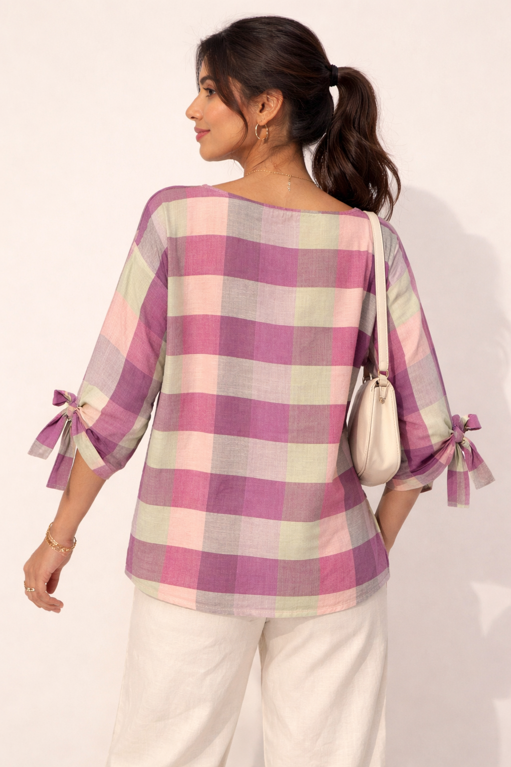 Lavender & Sage Checkered Tunic with Bow-Tie Sleeves