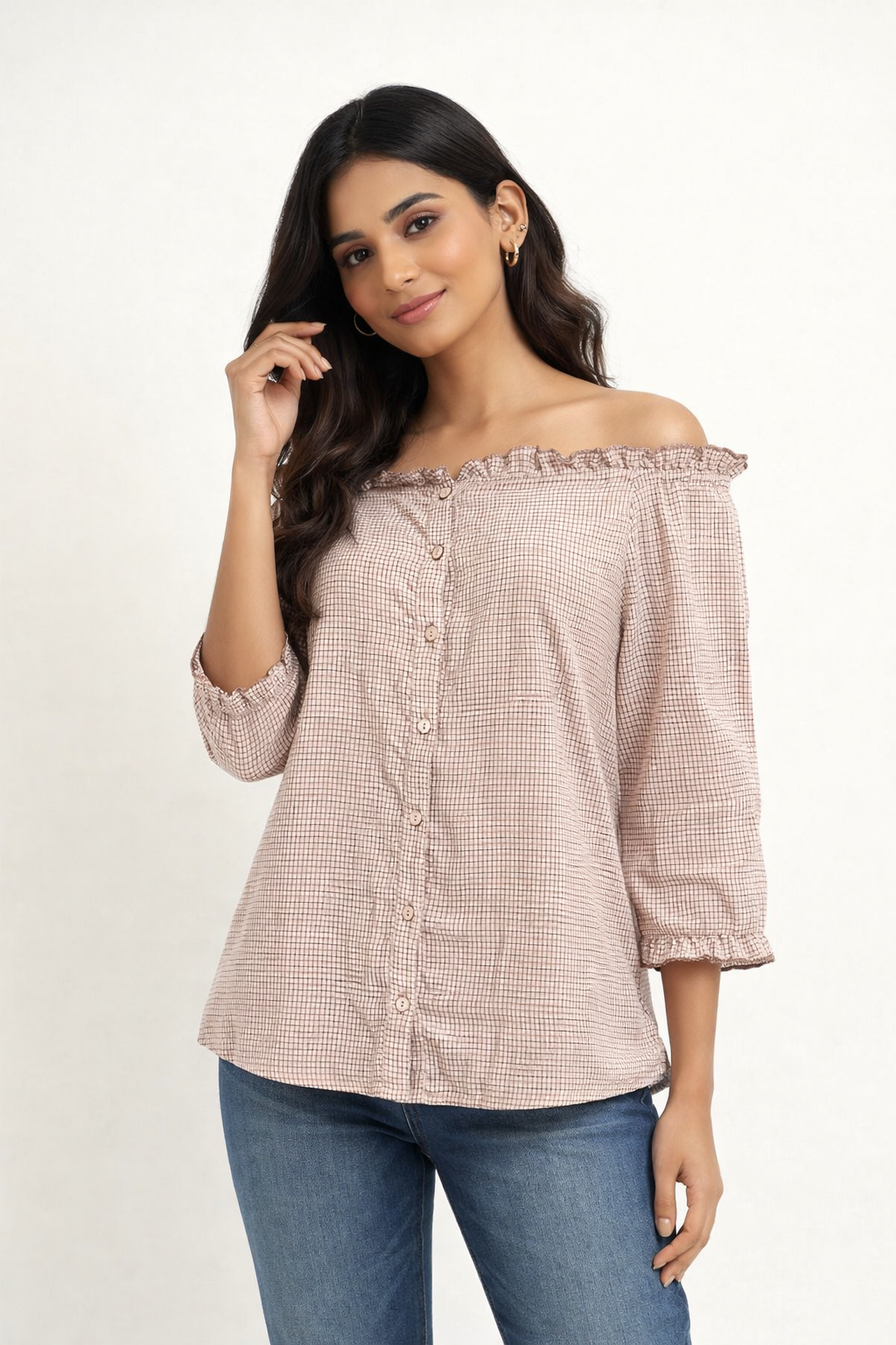 Mauve Grid-Print Off-the-Shoulder