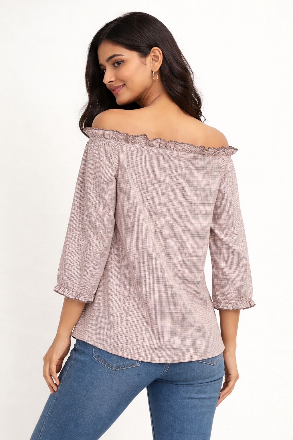 Mauve Grid-Print Off-the-Shoulder