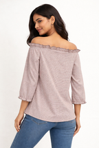 Mauve Grid-Print Off-the-Shoulder