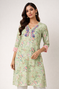 Mint Garden Floral Kurti with Bird Embroidery
