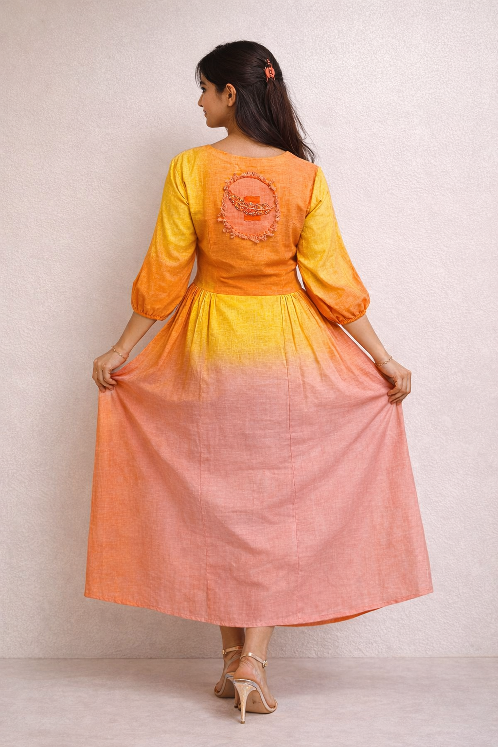 Yellow to Rose Gradient Empire-Waist Dress